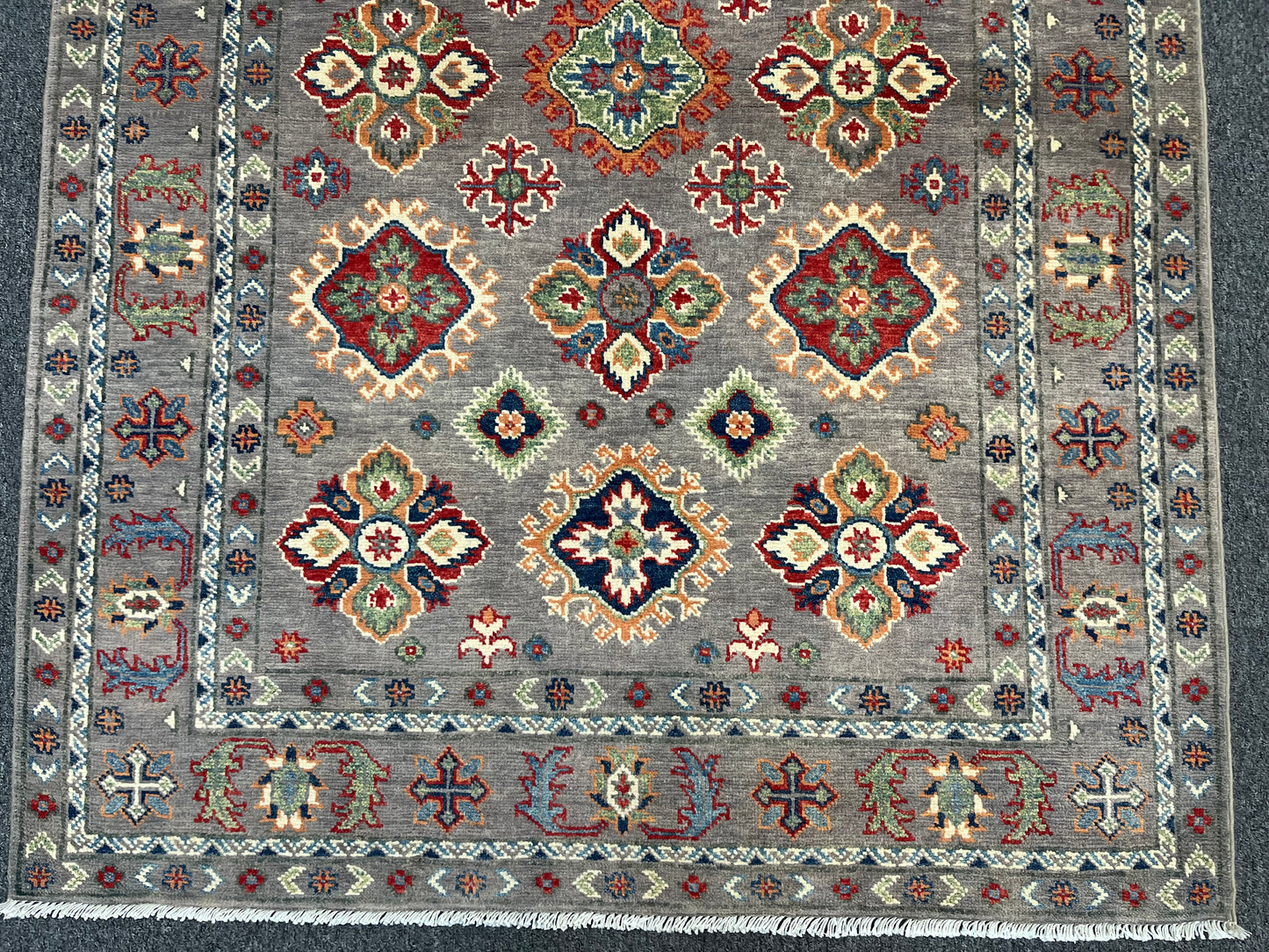 Kazak Gray Geometric 4X6 Handmade Wool Rug # 13936