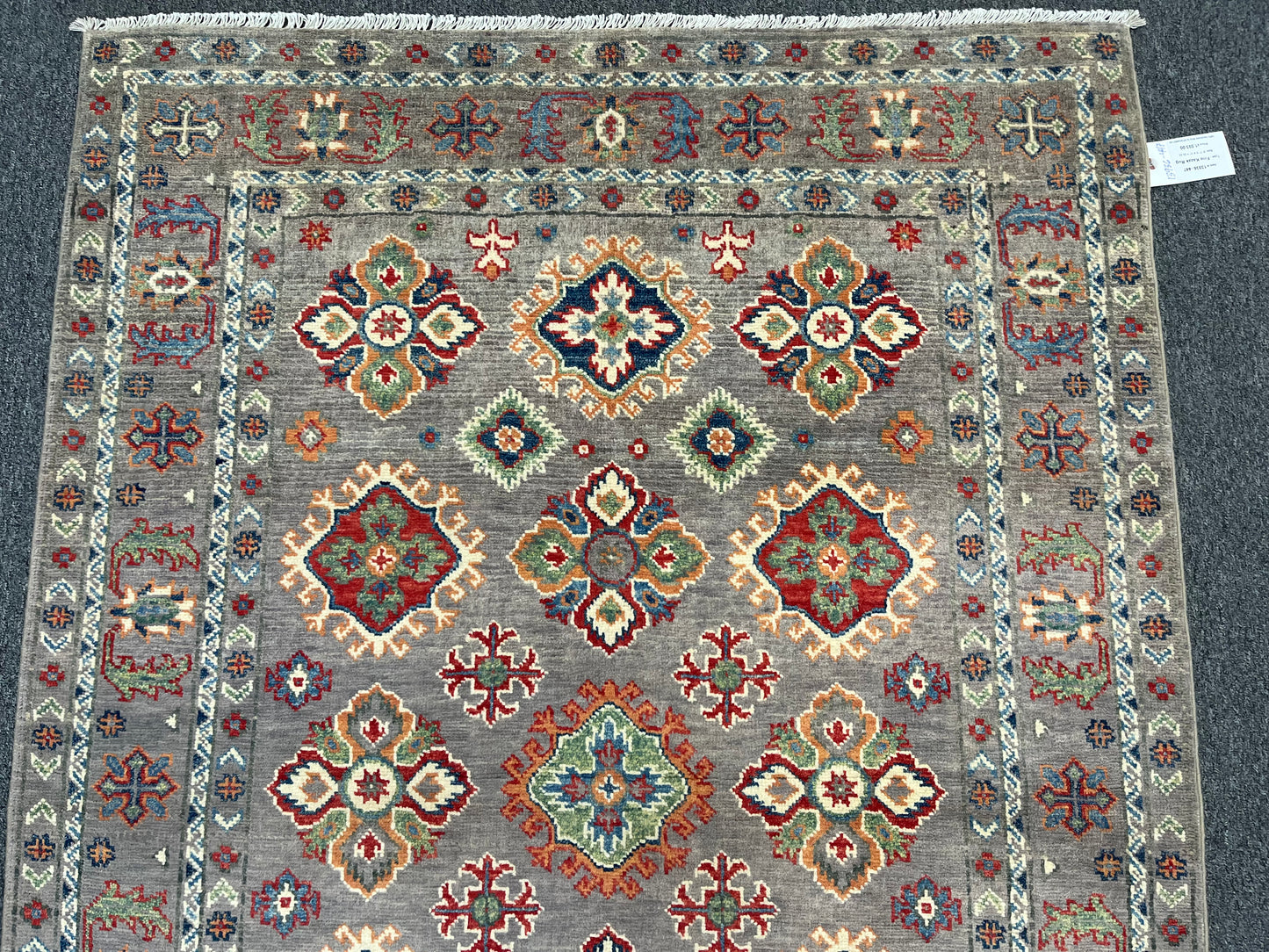 Kazak Gray Geometric 4X6 Handmade Wool Rug # 13936