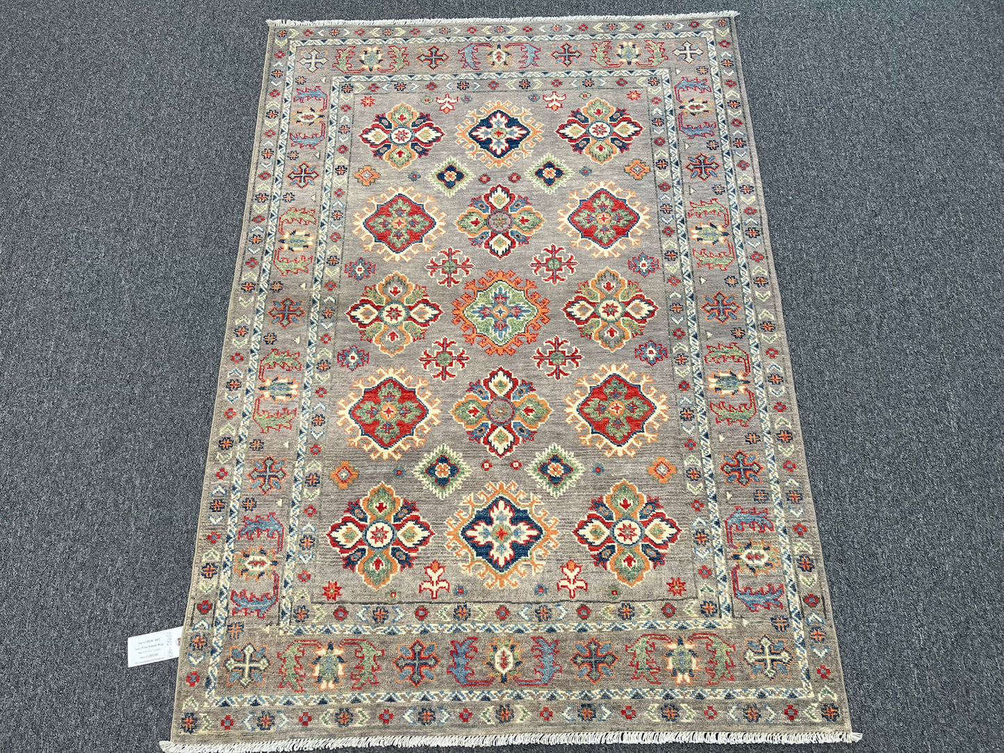 Kazak Gray Geometric 4X6 Handmade Wool Rug # 13936