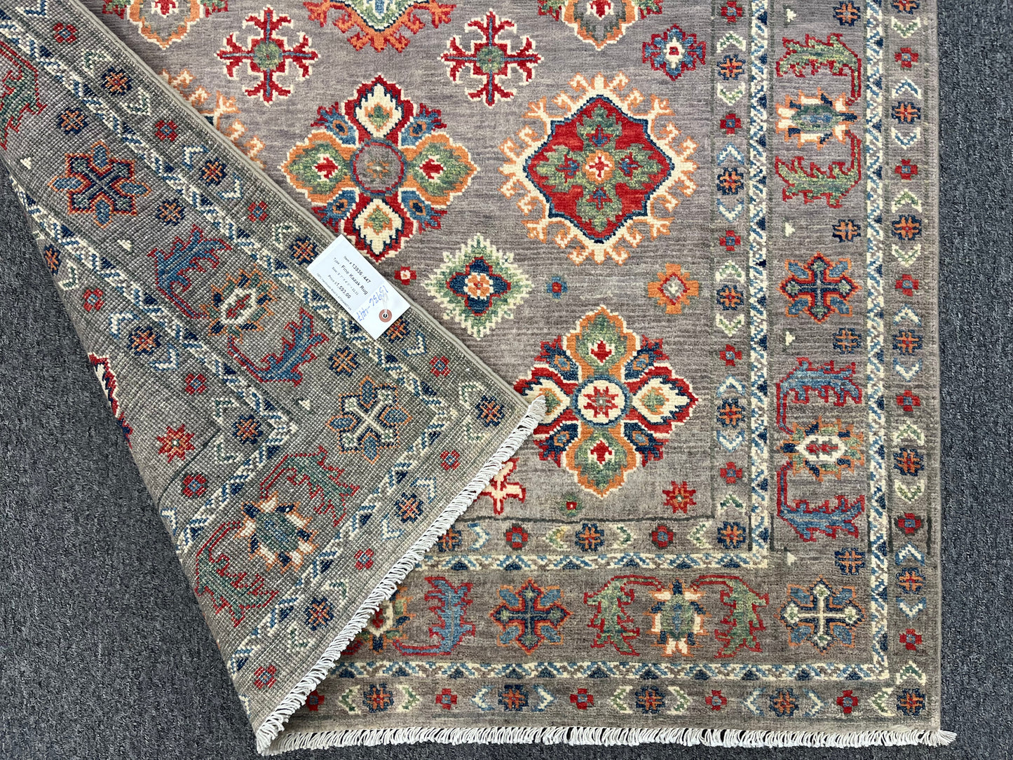 Kazak Gray Geometric 4X6 Handmade Wool Rug # 13936