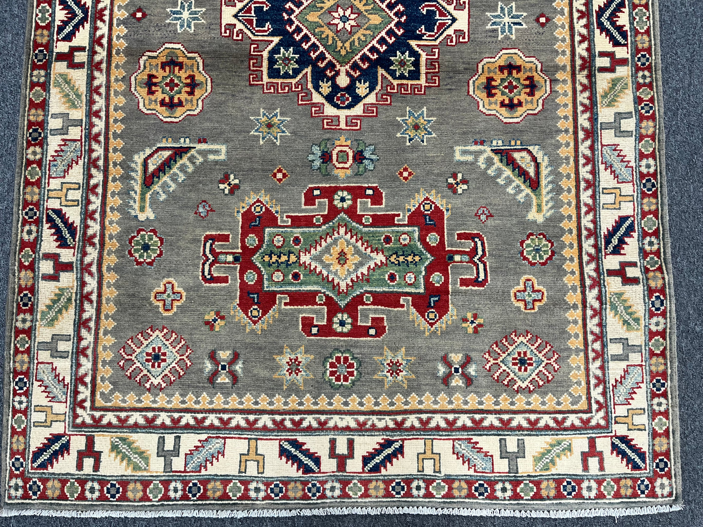 Kazak Gray Geometric 4X6 Handmade Wool Rug # 13595