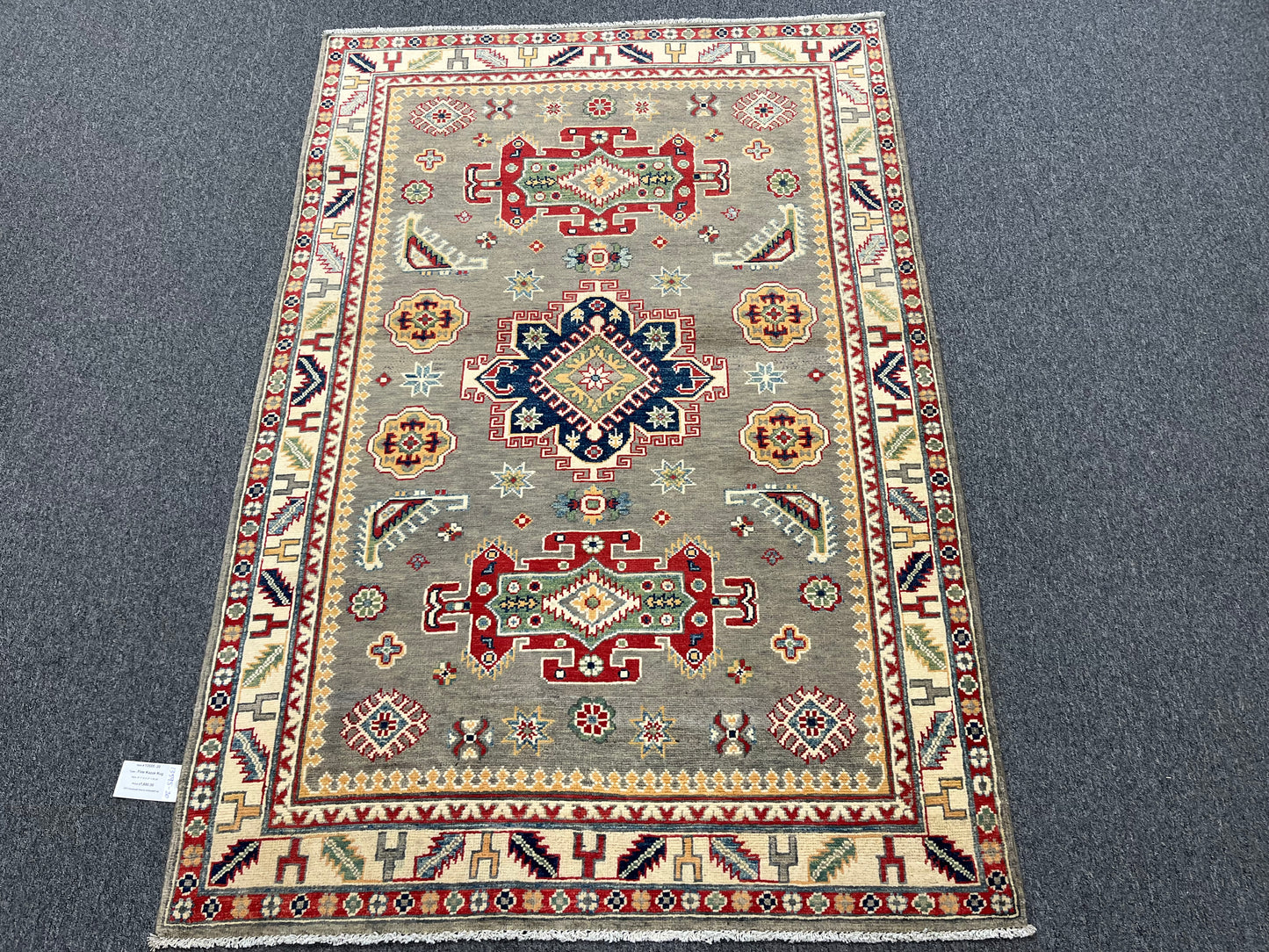 Kazak Gray Geometric 4X6 Handmade Wool Rug # 13595
