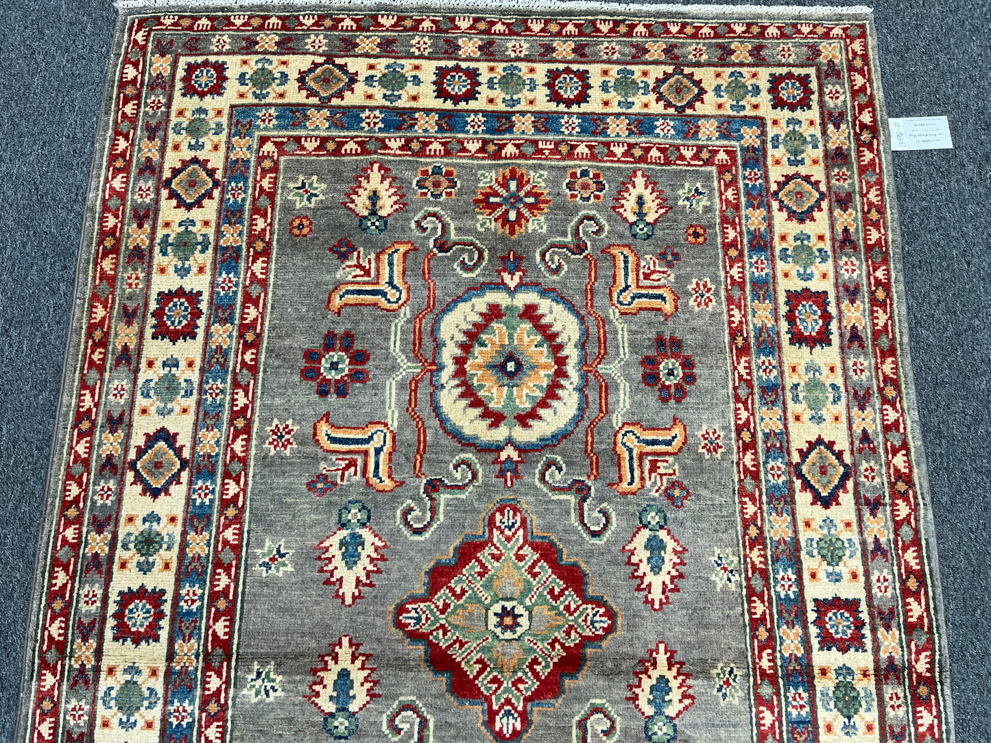 Kazak Gray Geometric 4X6 Handmade Wool Rug # 13596