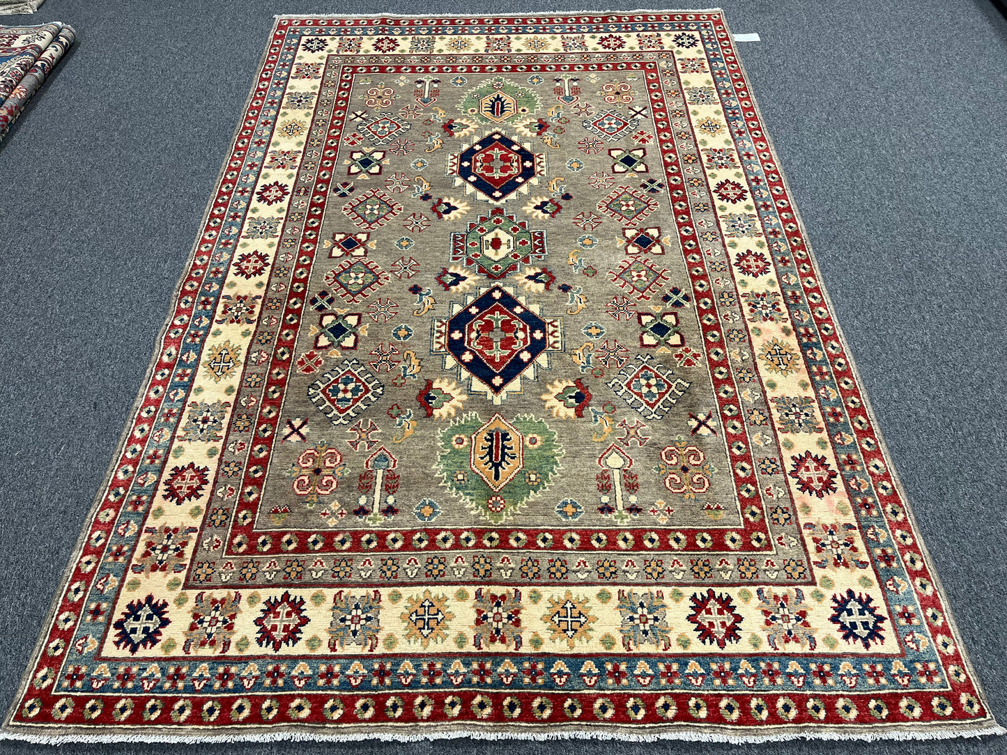 Kazak Gray Geometric 6X9 Handmade Wool Rug # 13658