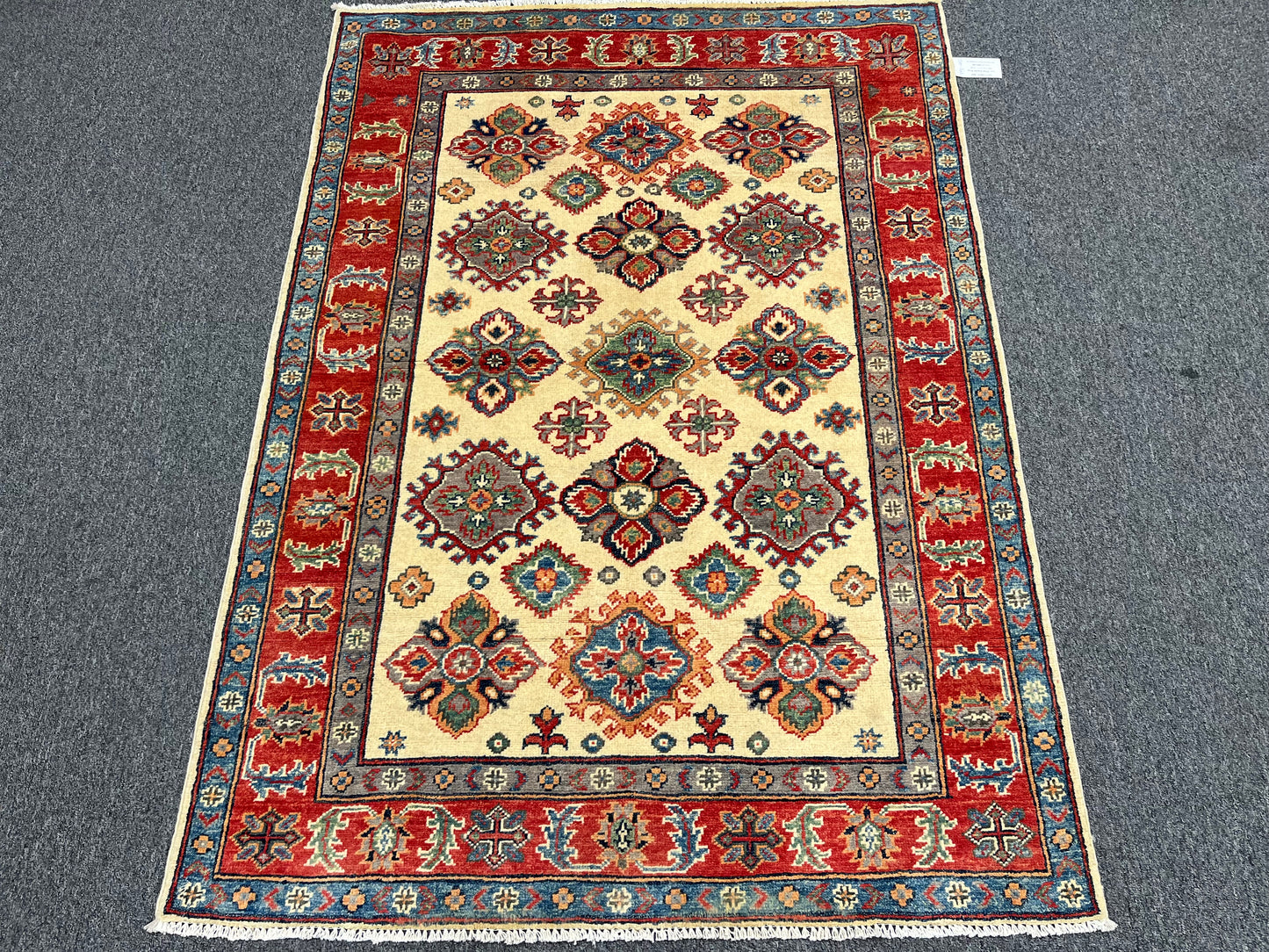 4X6 Kazak Beige Geometric Handmade Wool Rug # 13931