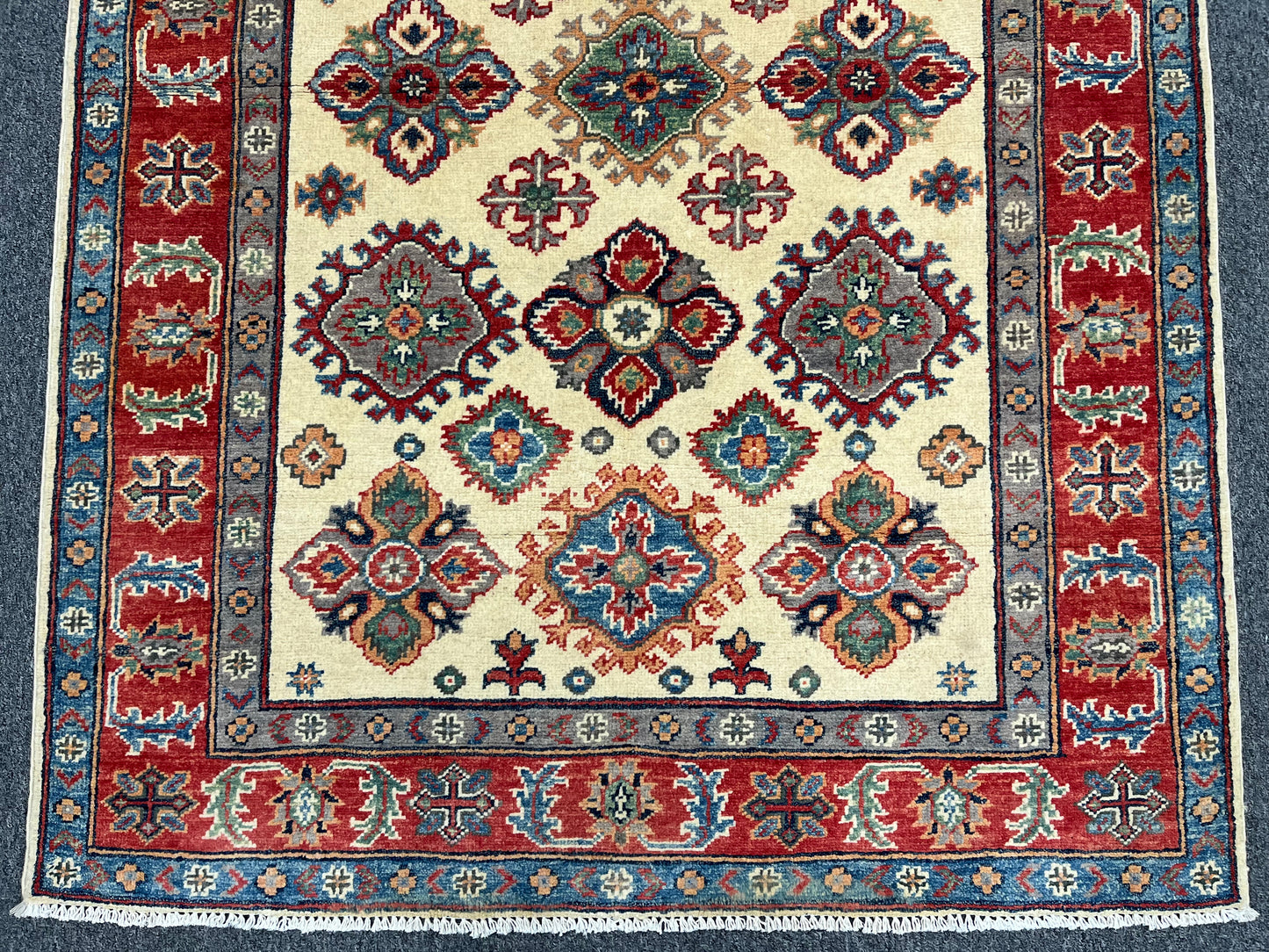 4X6 Kazak Beige Geometric Handmade Wool Rug # 13931