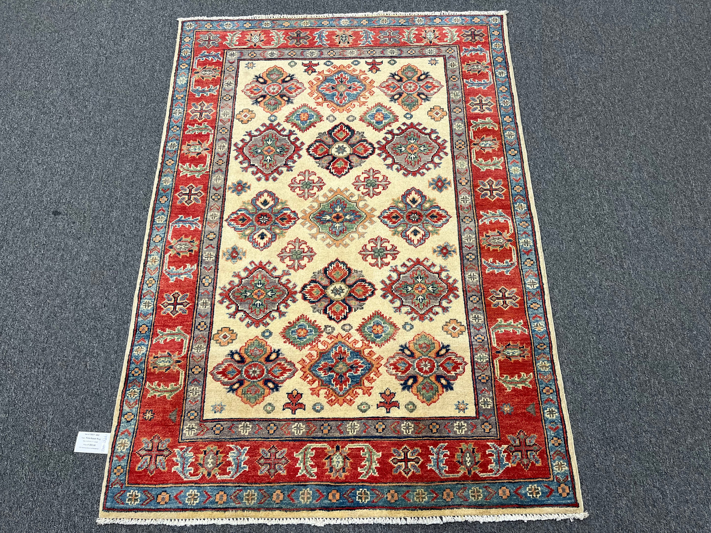 4X6 Kazak Beige Geometric Handmade Wool Rug # 13931