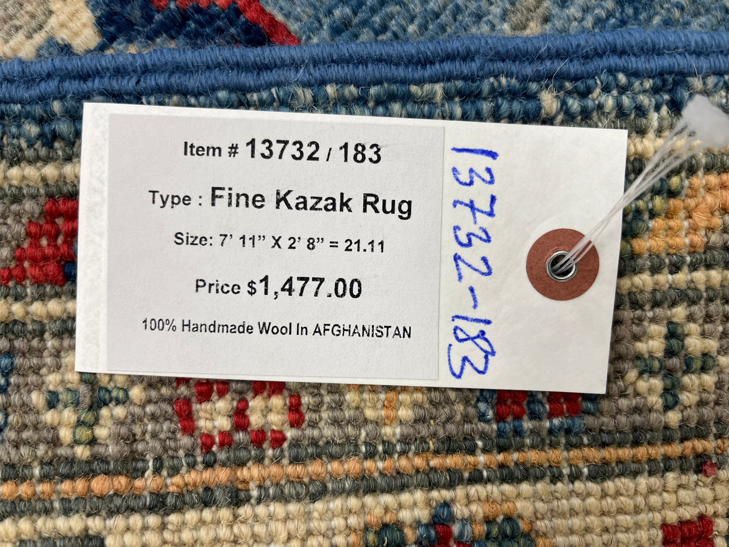 Kazak Runner Light Blue 2' 8"X8' Handmade Wool Rug # 13732
