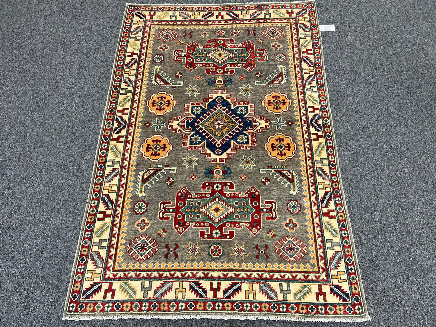 4X6 Kazak Gray Geometric Handmade Wool Rug # 13943