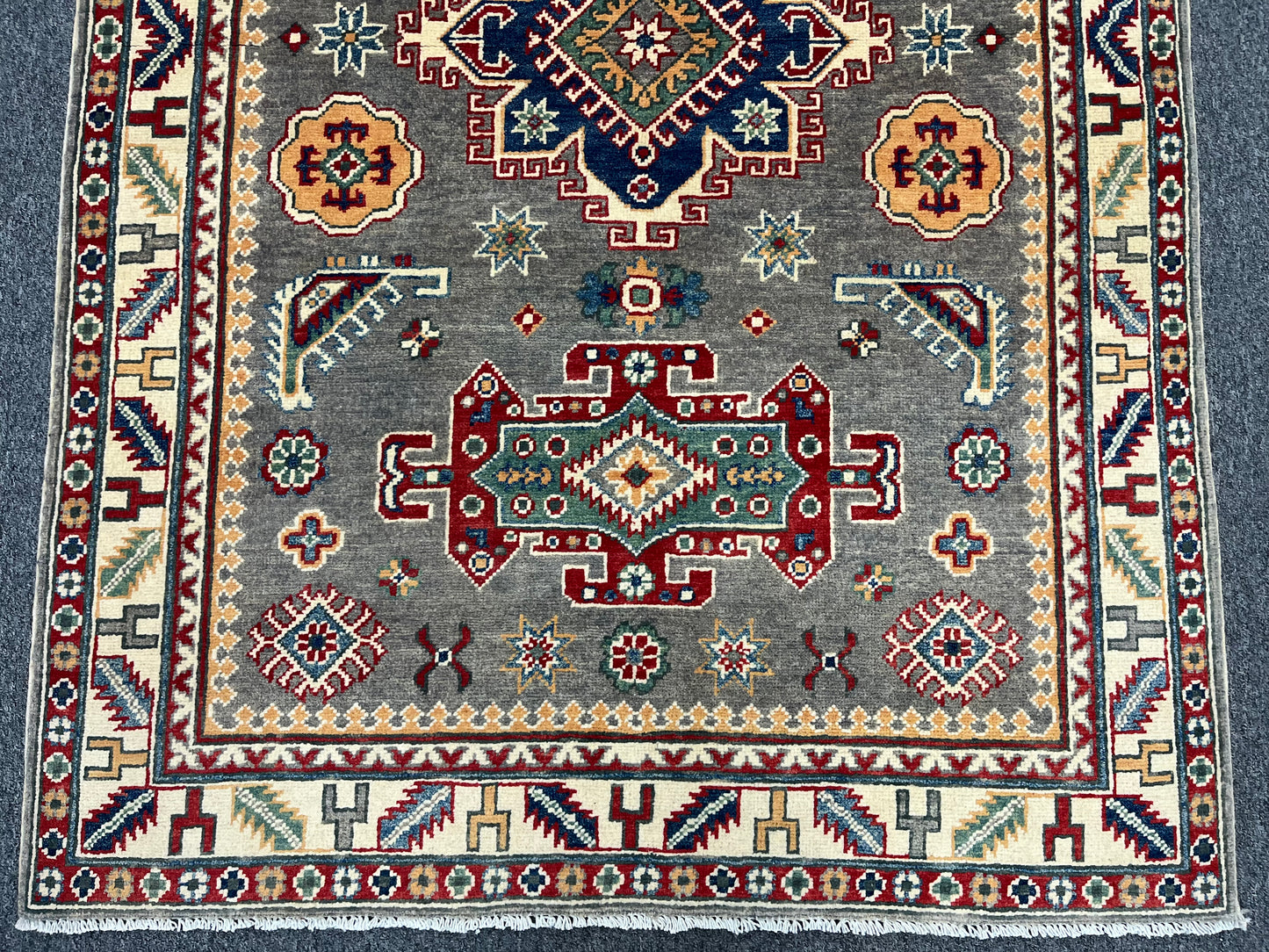 4X6 Kazak Gray Geometric Handmade Wool Rug # 13943