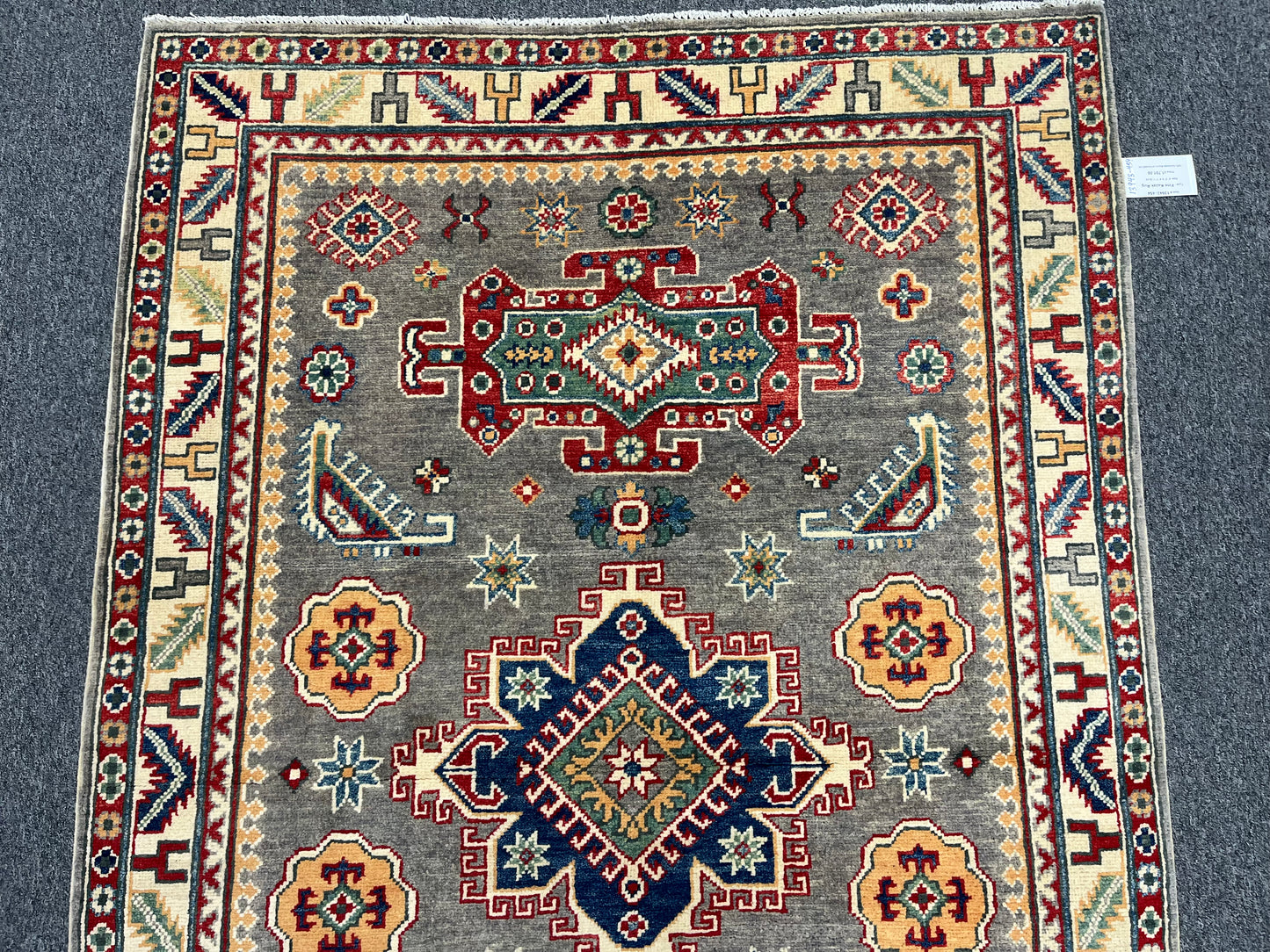4X6 Kazak Gray Geometric Handmade Wool Rug # 13943