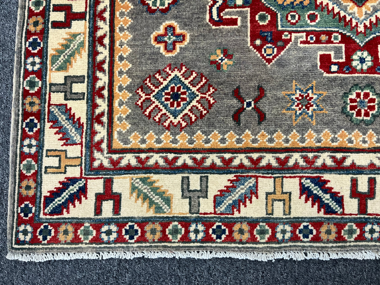 4X6 Kazak Gray Geometric Handmade Wool Rug # 13943
