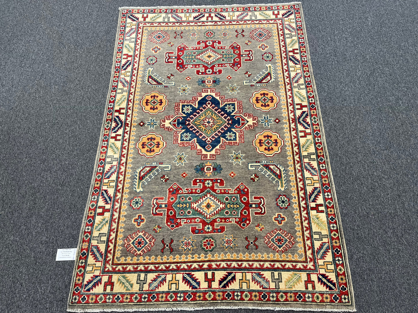 4X6 Kazak Gray Geometric Handmade Wool Rug # 13943