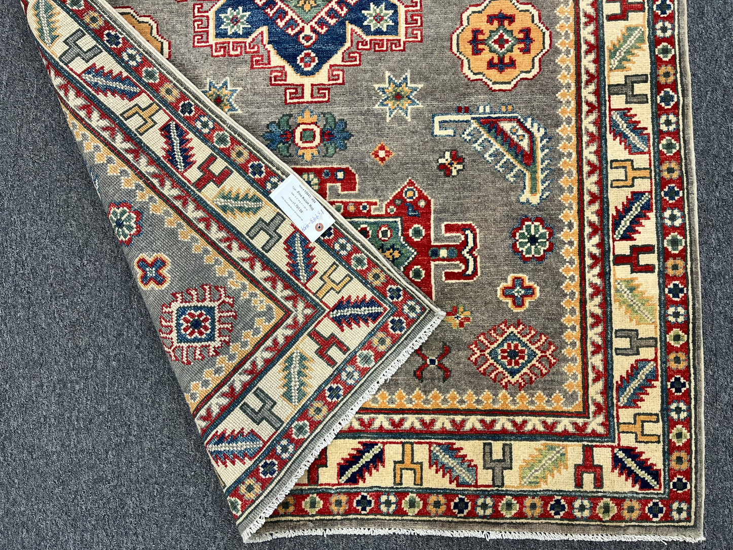 4X6 Kazak Gray Geometric Handmade Wool Rug # 13943