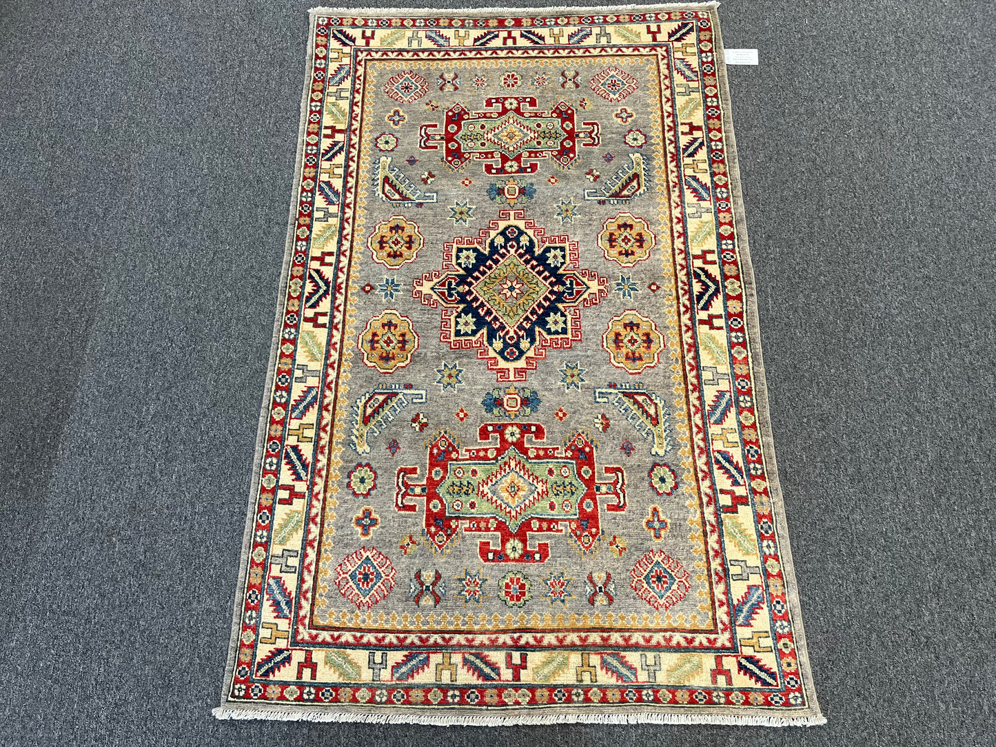 4X6 Gray Geometric Wool Kazak Area Rug # 13773