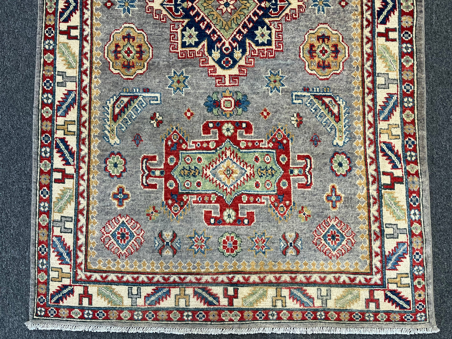 4X6 Gray Geometric Wool Kazak Area Rug # 13773