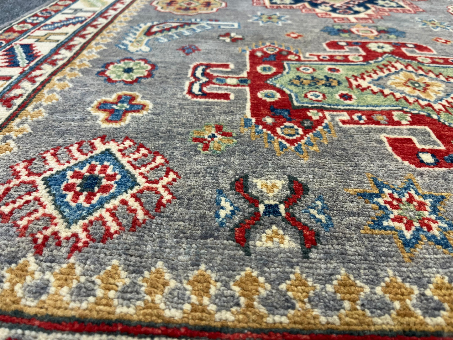 4X6 Gray Geometric Wool Kazak Area Rug # 13773