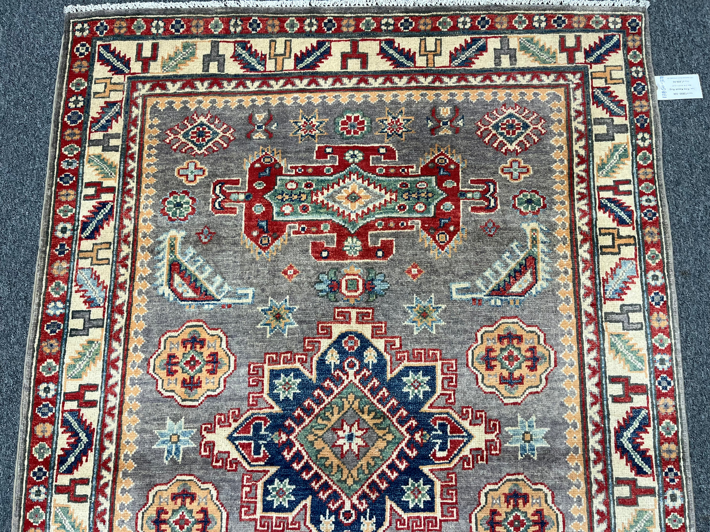 Gray Kazak Geometric 4X6 Handmade Wool Rug # 13850