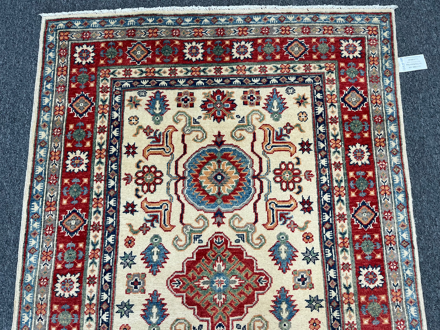 Handmade Beige/Red Kazak 4X6 Oriental Wool Rug # 13928