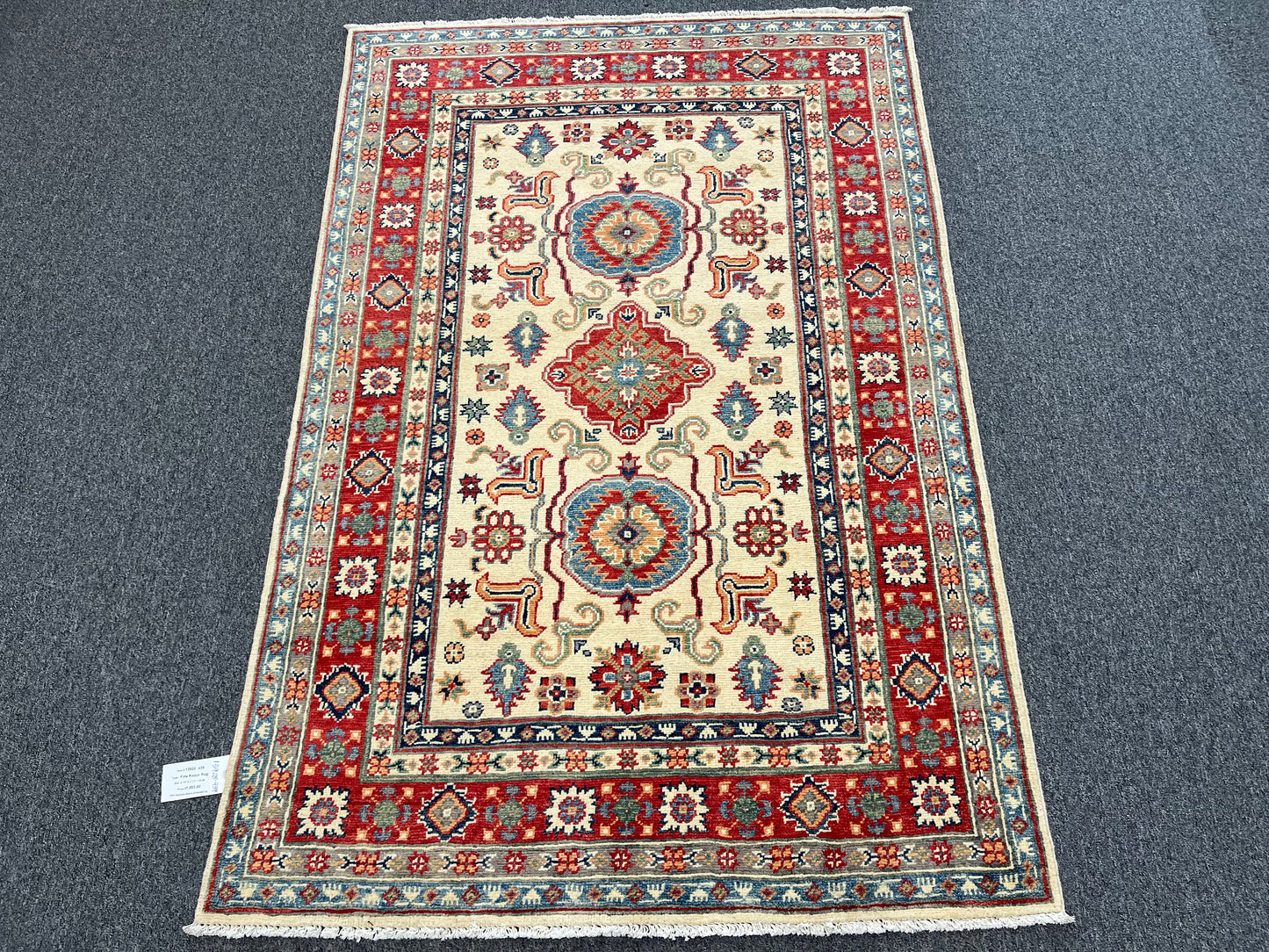 Handmade Beige/Red Kazak 4X6 Oriental Wool Rug # 13928