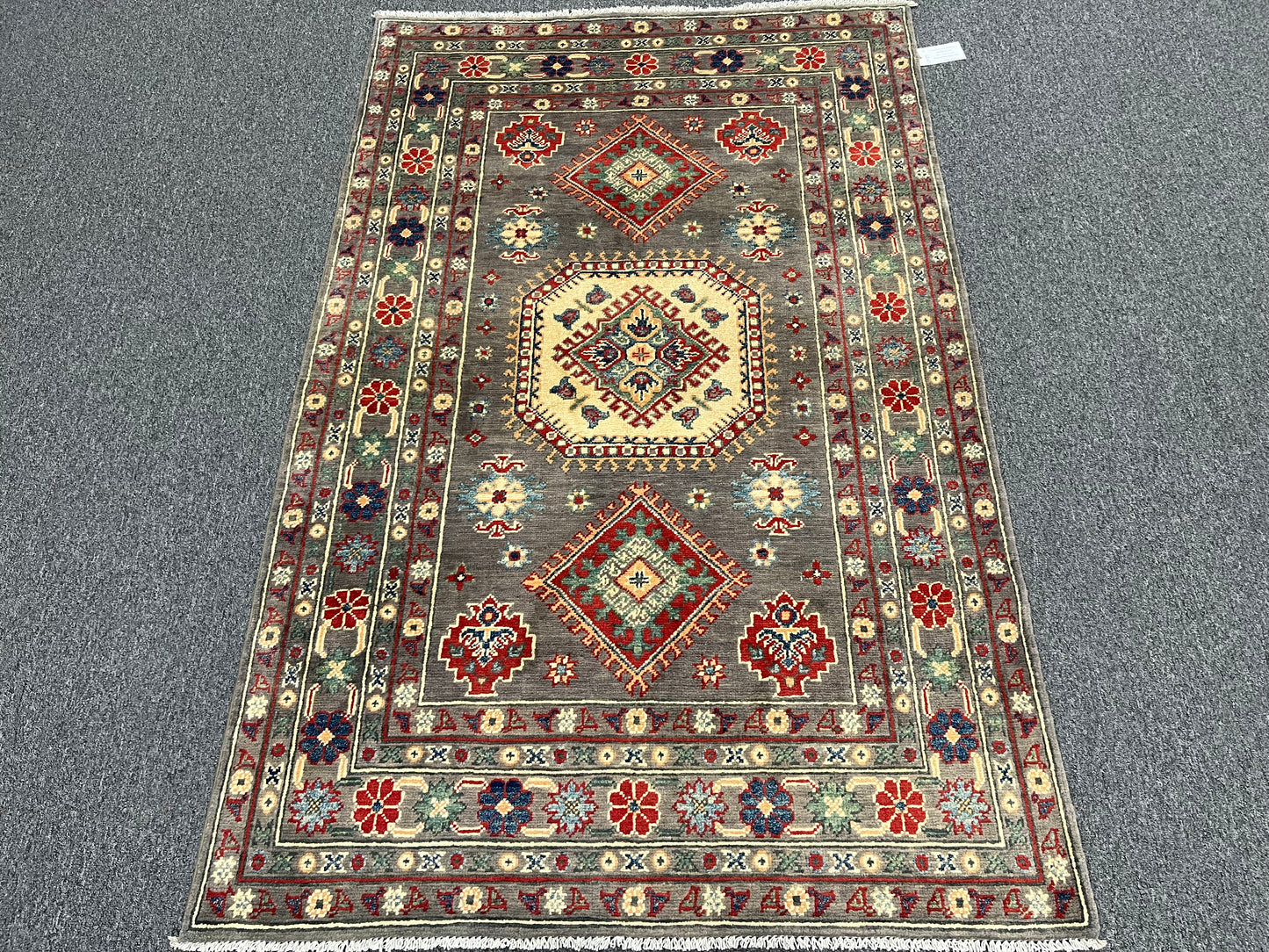 Kazak Brown Geometric 4X6 Handmade Wool Rug # 13585
