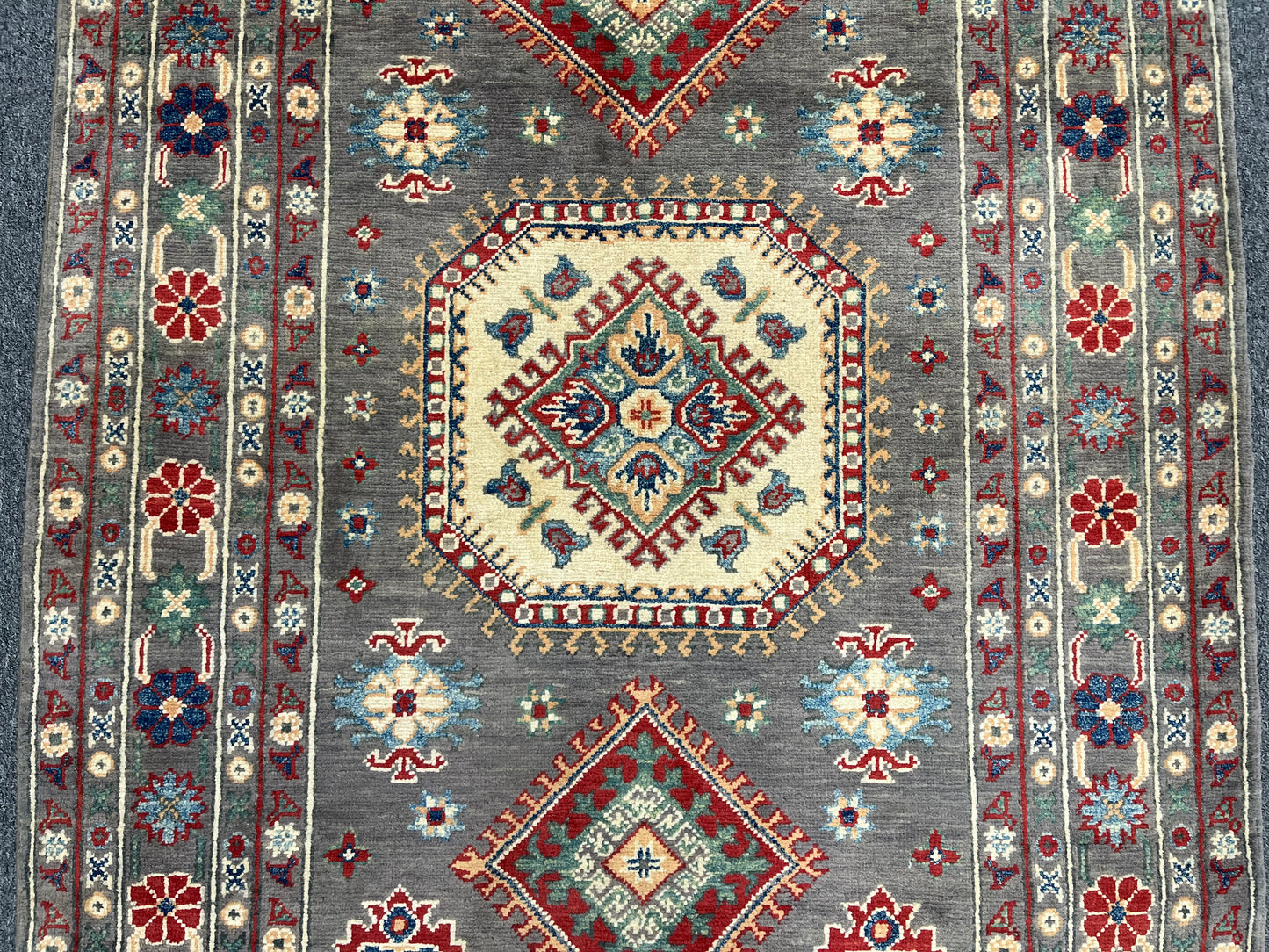 Kazak Brown Geometric 4X6 Handmade Wool Rug # 13585