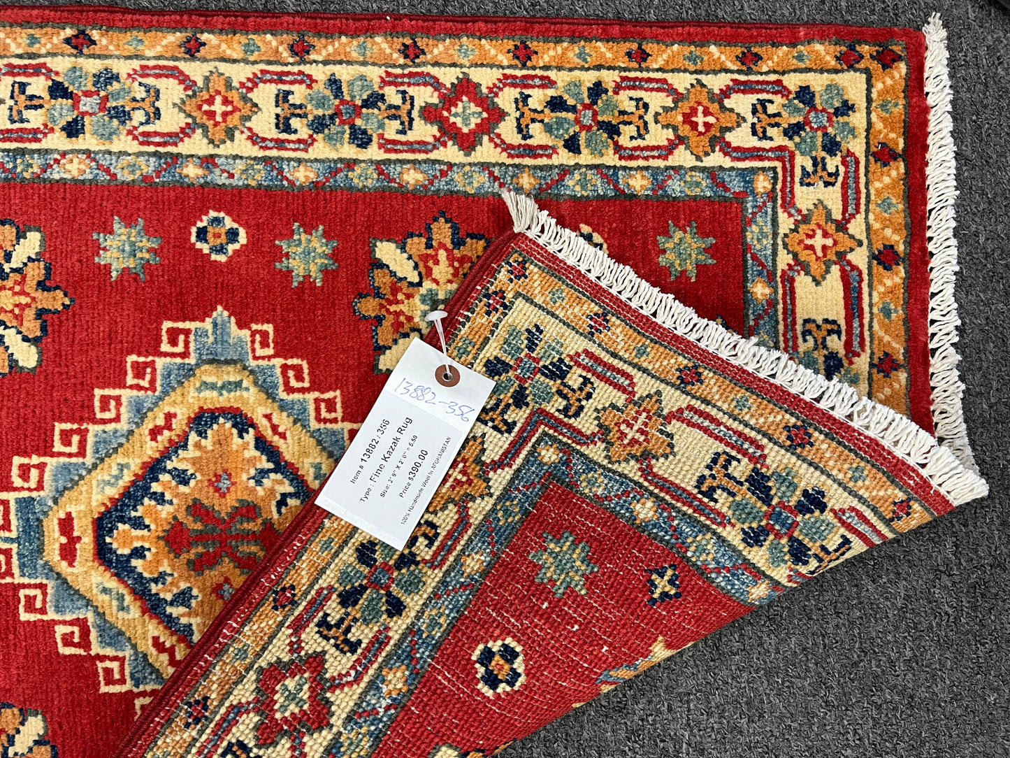 2X3 Red Geometric Kazak Handmade Wool Rug # 13882
