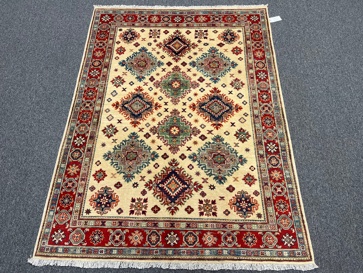 Kazak Beige/Red 5X7 Handmade Wool Rug # 13816