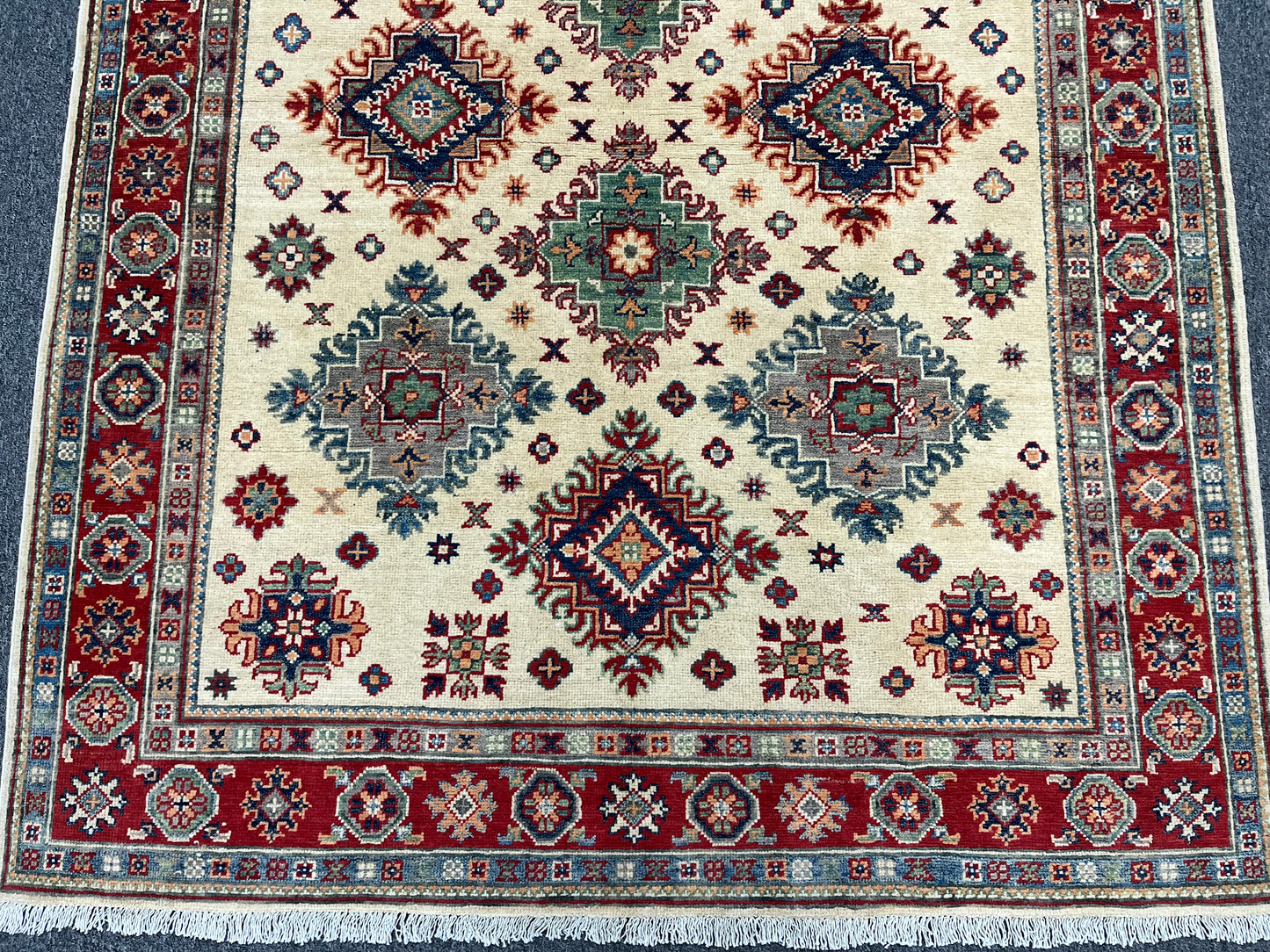 Kazak Beige/Red 5X7 Handmade Wool Rug # 13816