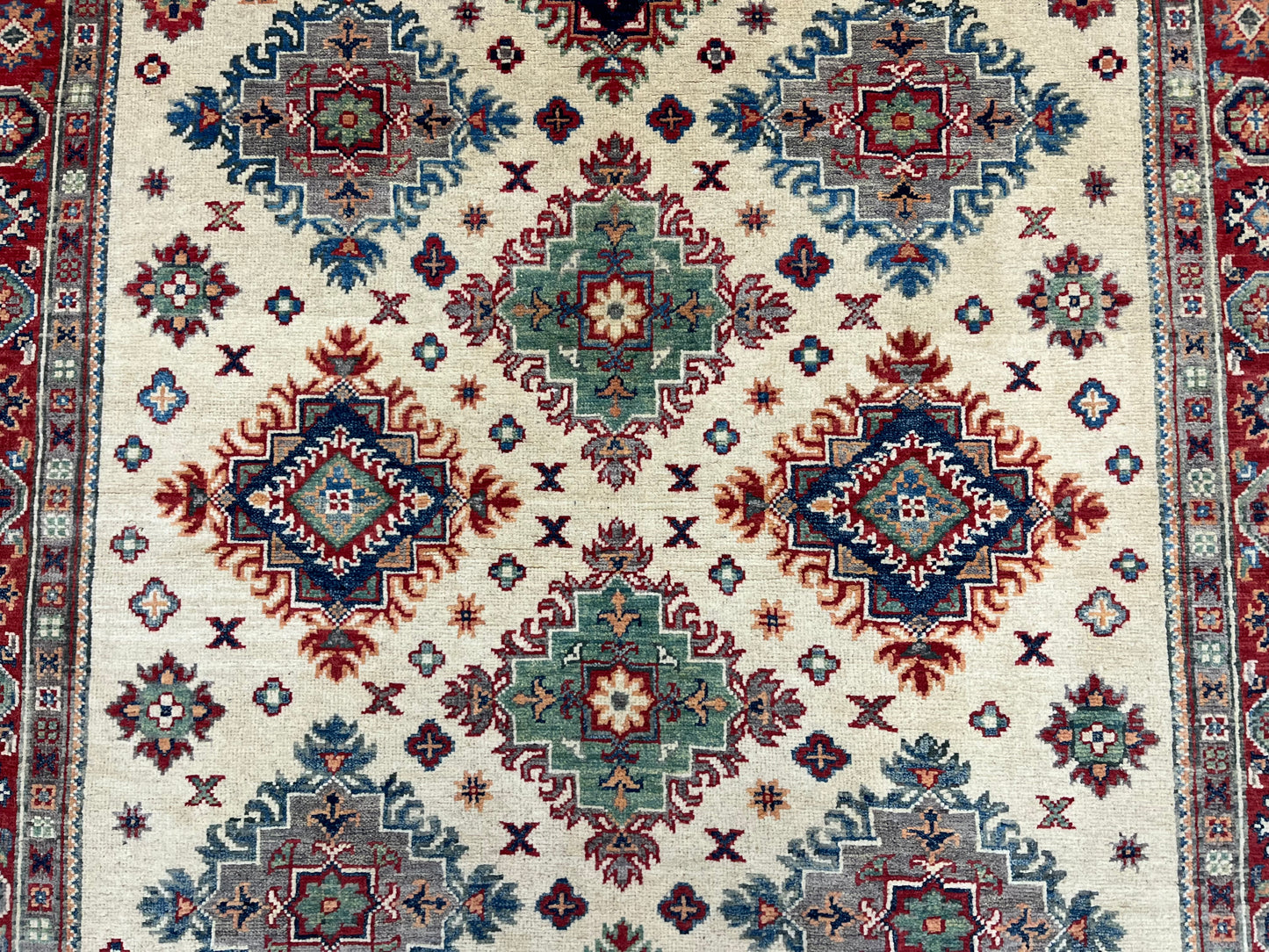 Kazak Beige/Red 5X7 Handmade Wool Rug # 13816