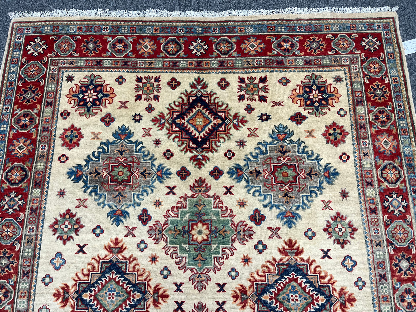 Kazak Beige/Red 5X7 Handmade Wool Rug # 13816