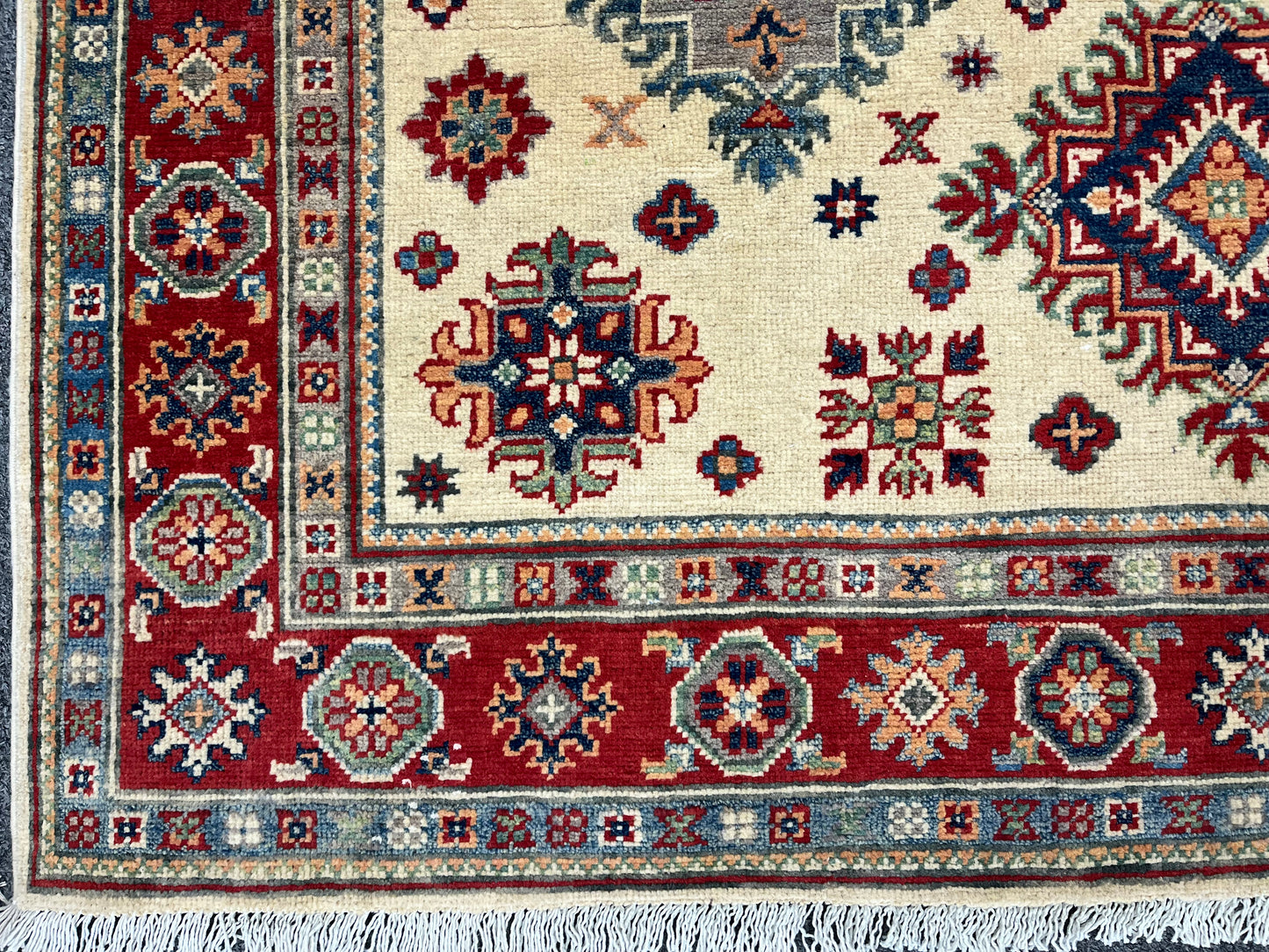 Kazak Beige/Red 5X7 Handmade Wool Rug # 13816