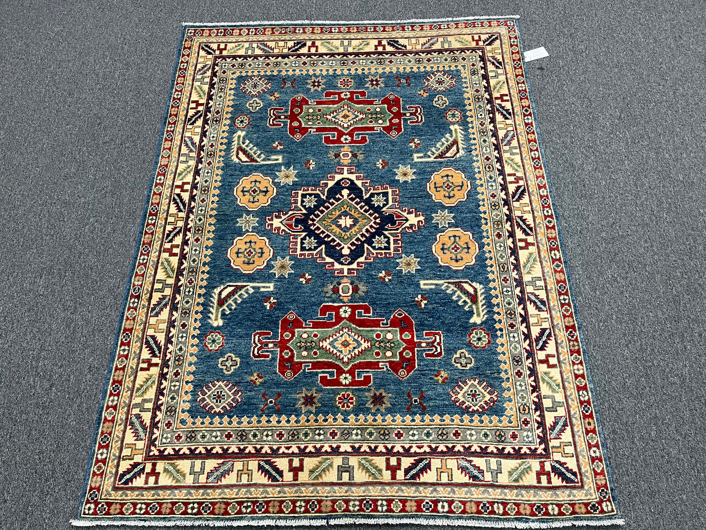 Light Blue Geometric Kazak 5X7 Handmade Wool Rug # 13612