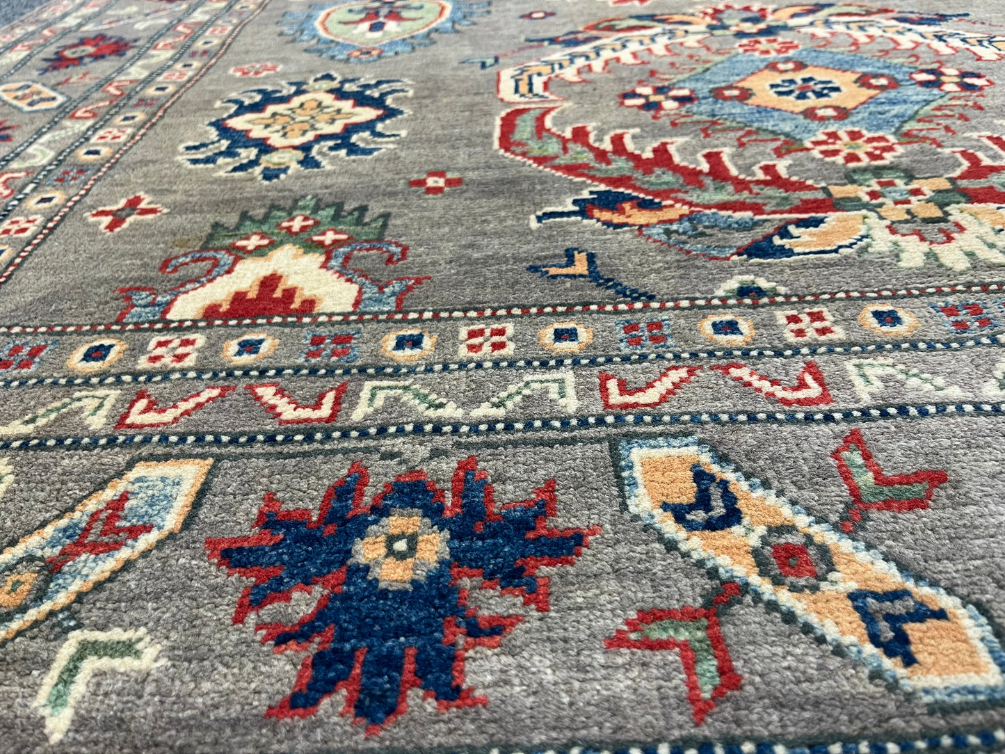 Gray Geometric Kazak 5X7 Handmade Wool Rug # 13608
