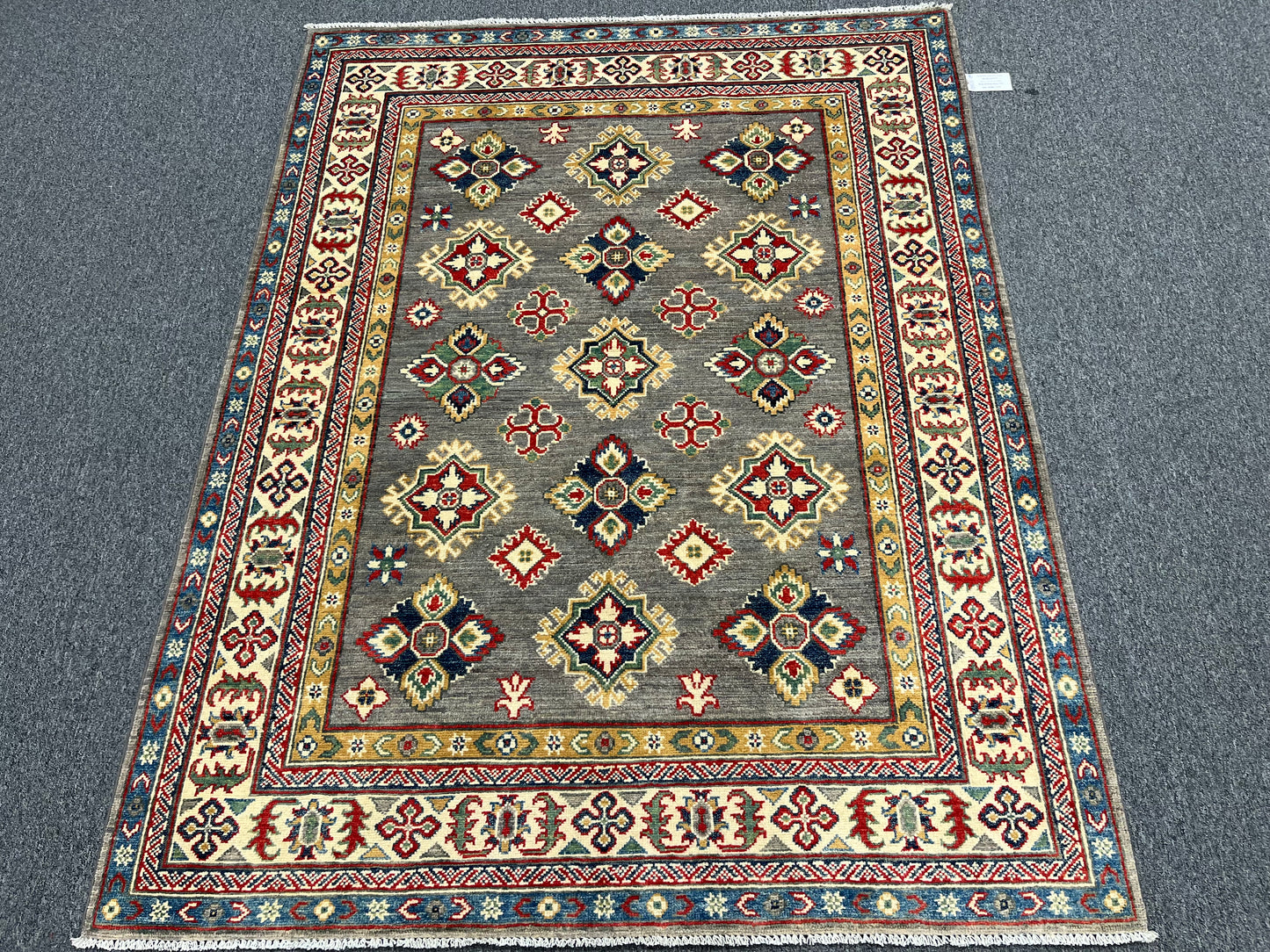 Gray Geometric Kazak 5X7 Handmade Wool Rug # 13825