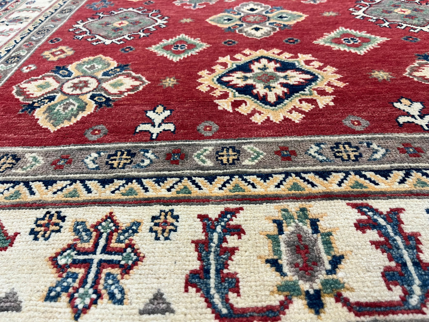 Red Geometric Kazak 5X7 Handmade Wool Rug # 13811