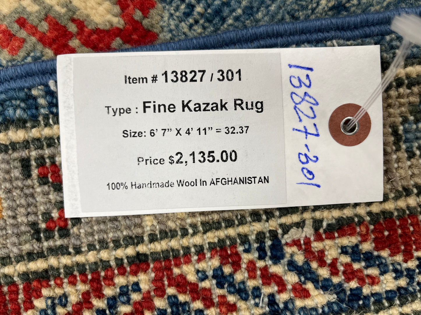 Geometric Light Blue 5X7 Kazak Oriental Rug # 13827