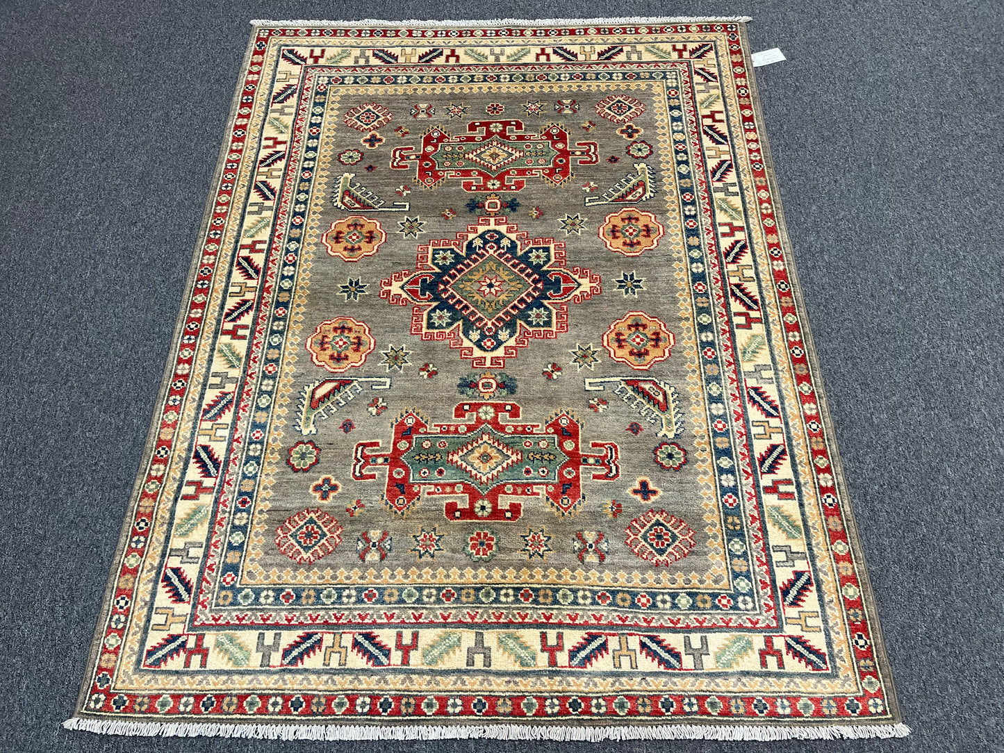 Gray/Beige Geometric Kazak 5X7 Handmade Wool Rug # 13831