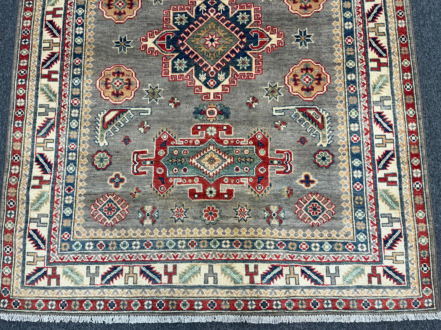 Gray/Beige Geometric Kazak 5X7 Handmade Wool Rug # 13831