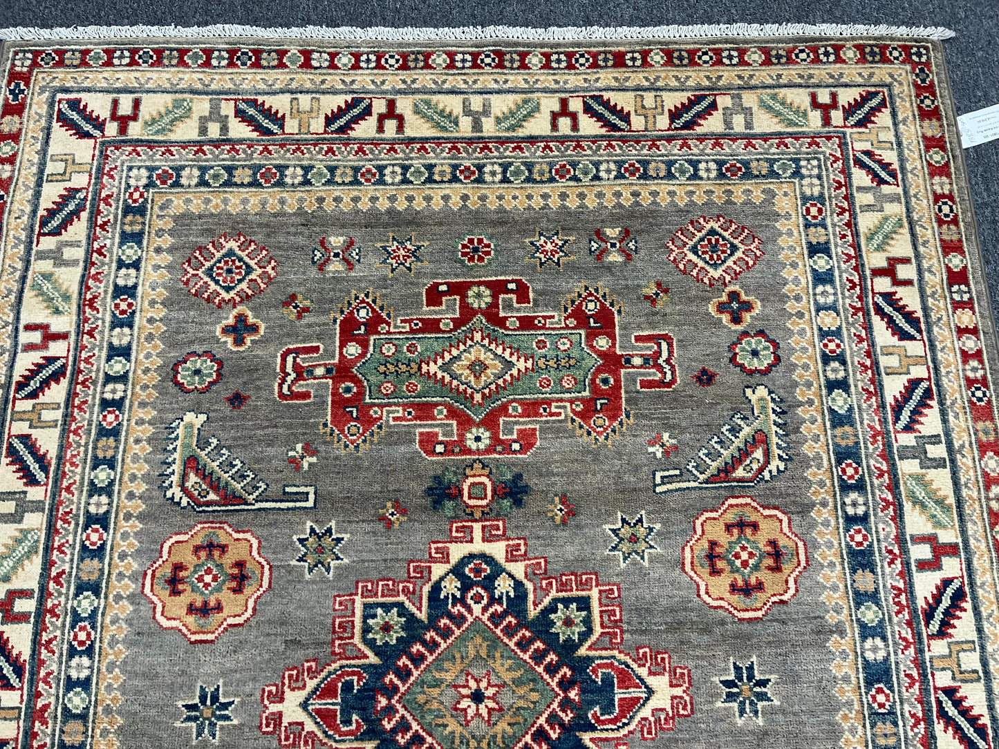 Gray/Beige Geometric Kazak 5X7 Handmade Wool Rug # 13831