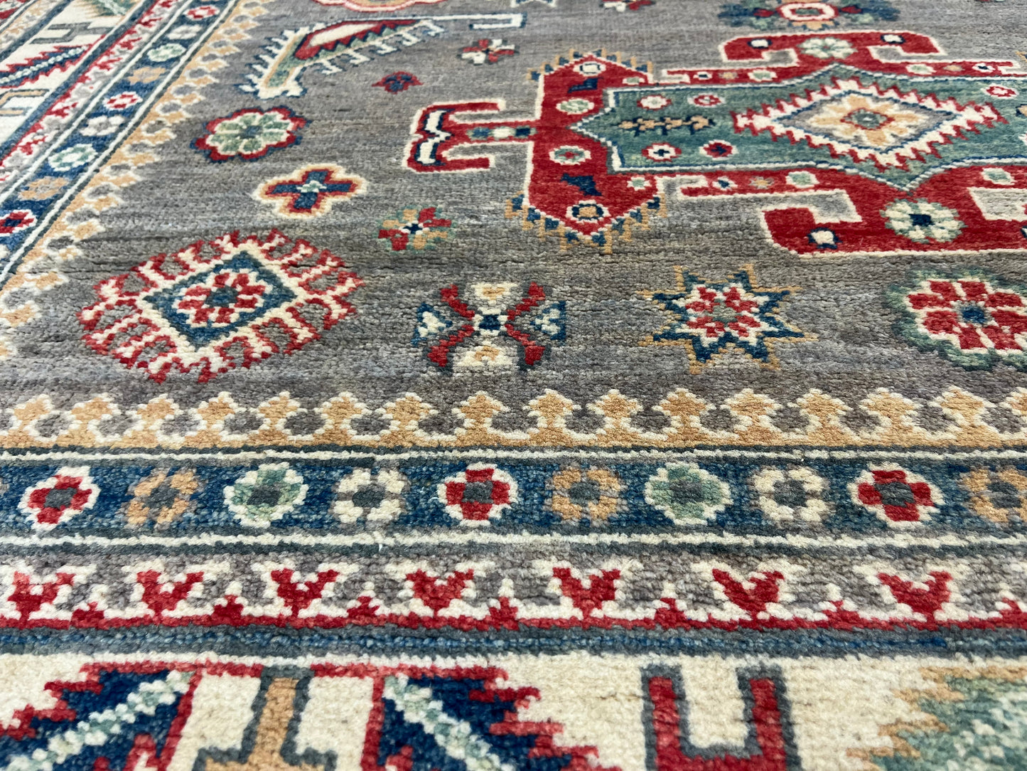Gray/Beige Geometric Kazak 5X7 Handmade Wool Rug # 13831
