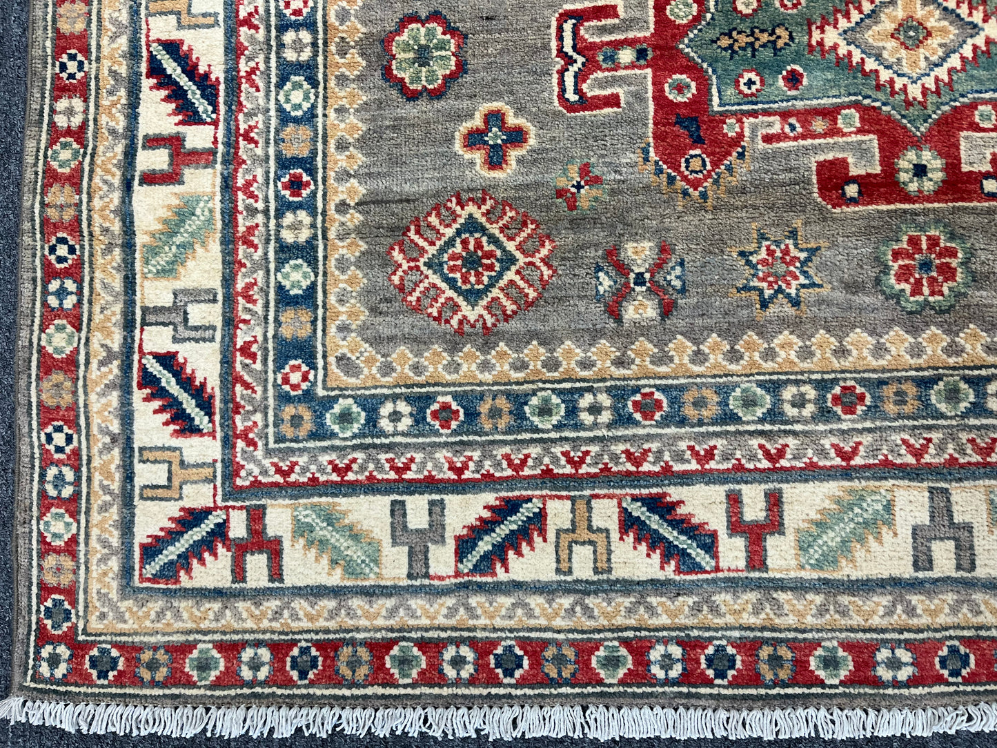 Gray/Beige Geometric Kazak 5X7 Handmade Wool Rug # 13831