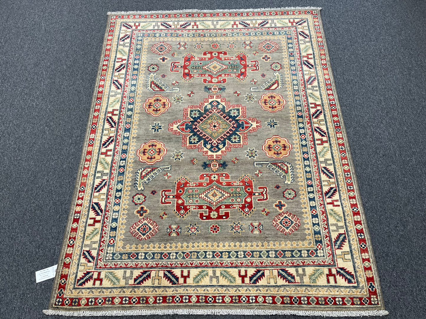 Gray/Beige Geometric Kazak 5X7 Handmade Wool Rug # 13831