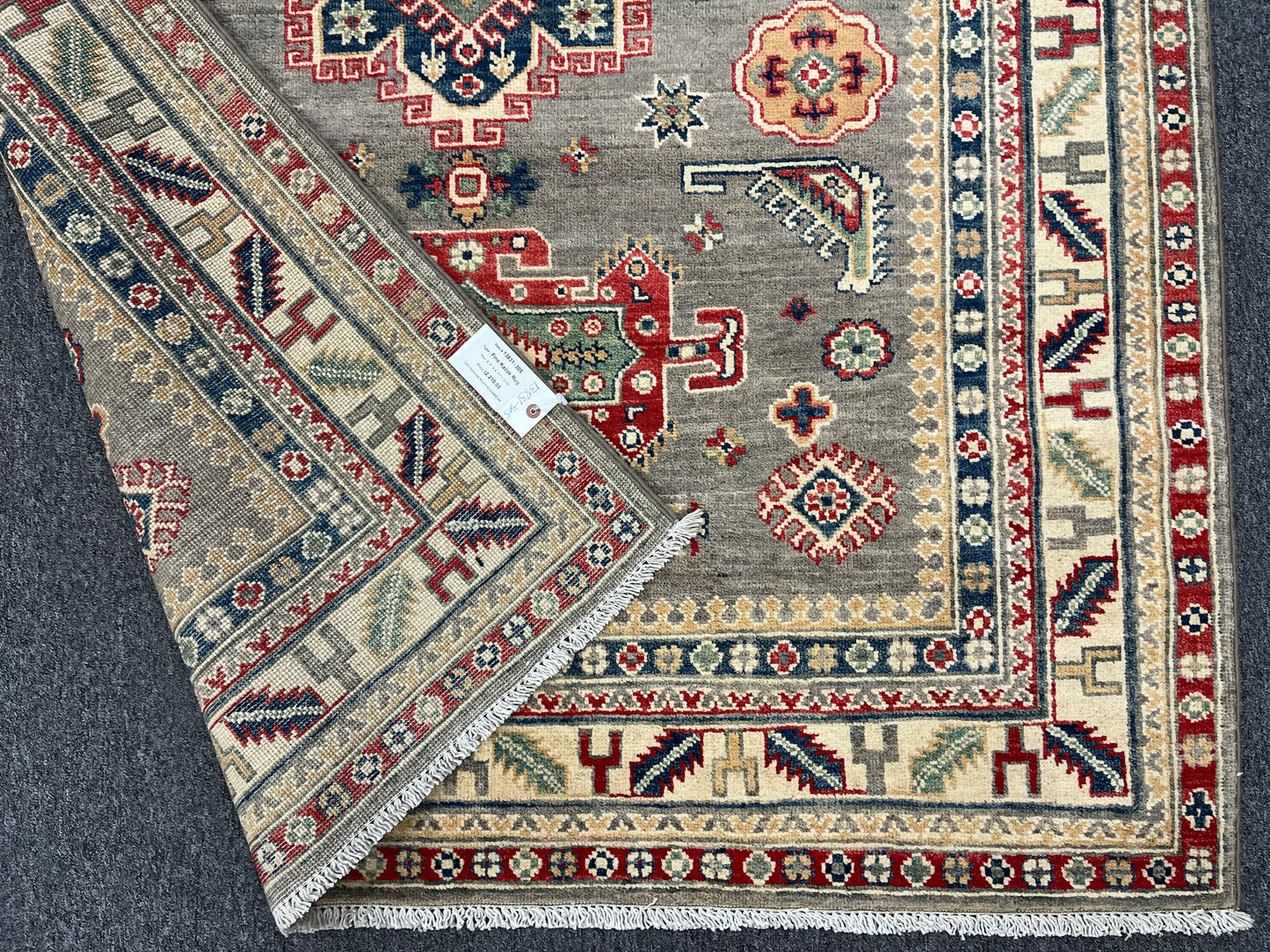 Gray/Beige Geometric Kazak 5X7 Handmade Wool Rug # 13831
