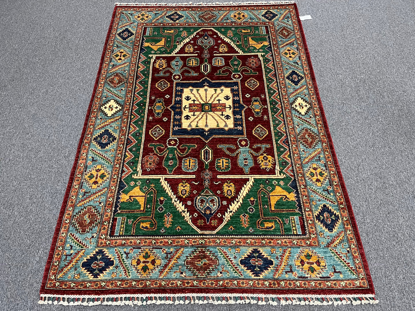 Red/Light Blue Tribal 5X8 Handmade Wool Rug # 14165