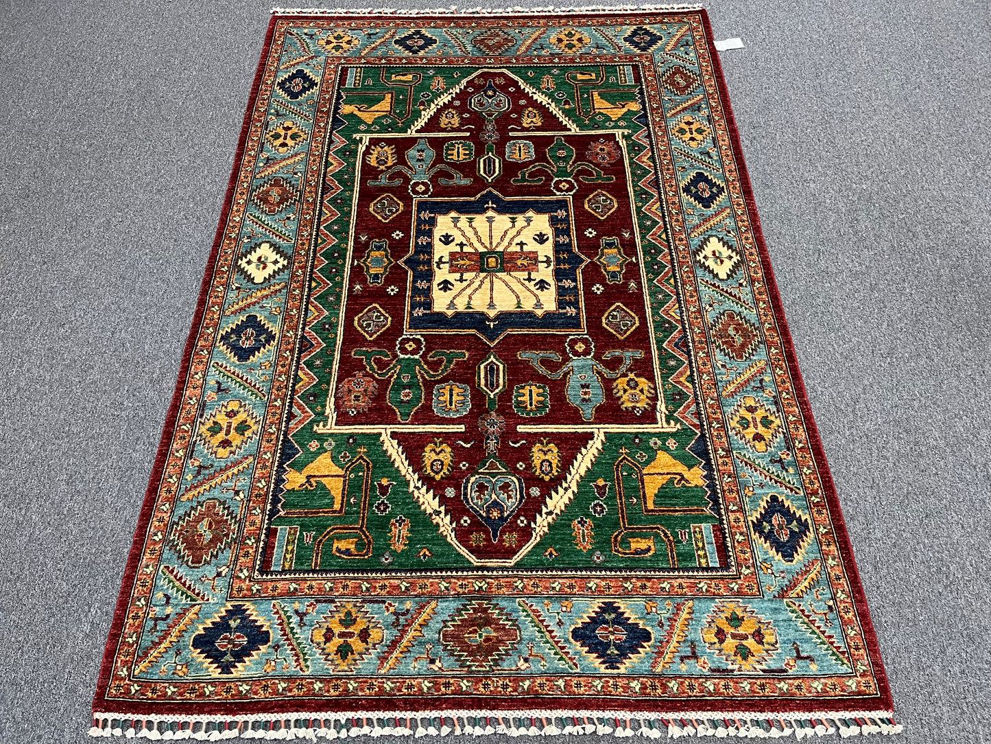 Red/Light Blue Tribal 5X8 Handmade Wool Rug # 14165