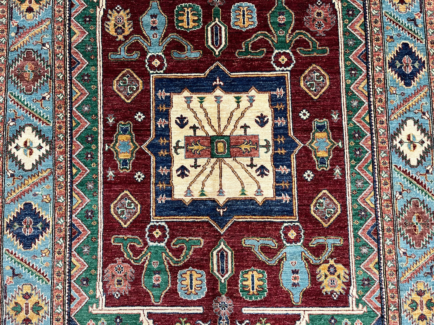 Red/Light Blue Tribal 5X8 Handmade Wool Rug # 14165