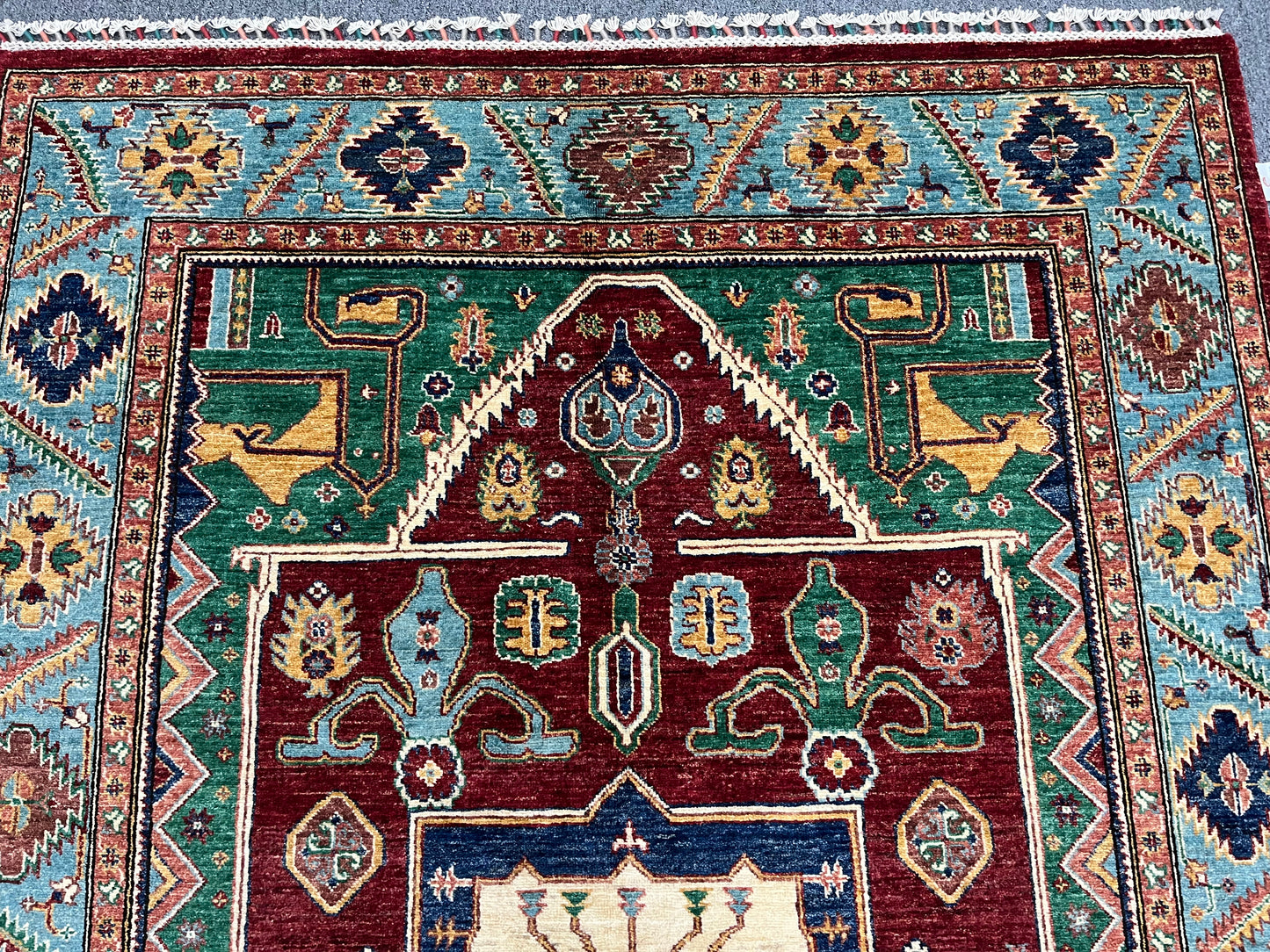 Red/Light Blue Tribal 5X8 Handmade Wool Rug # 14165