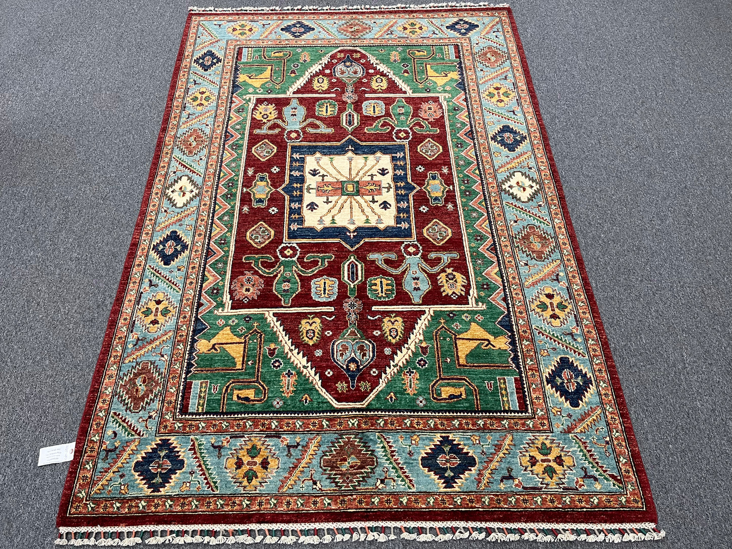Red/Light Blue Tribal 5X8 Handmade Wool Rug # 14165