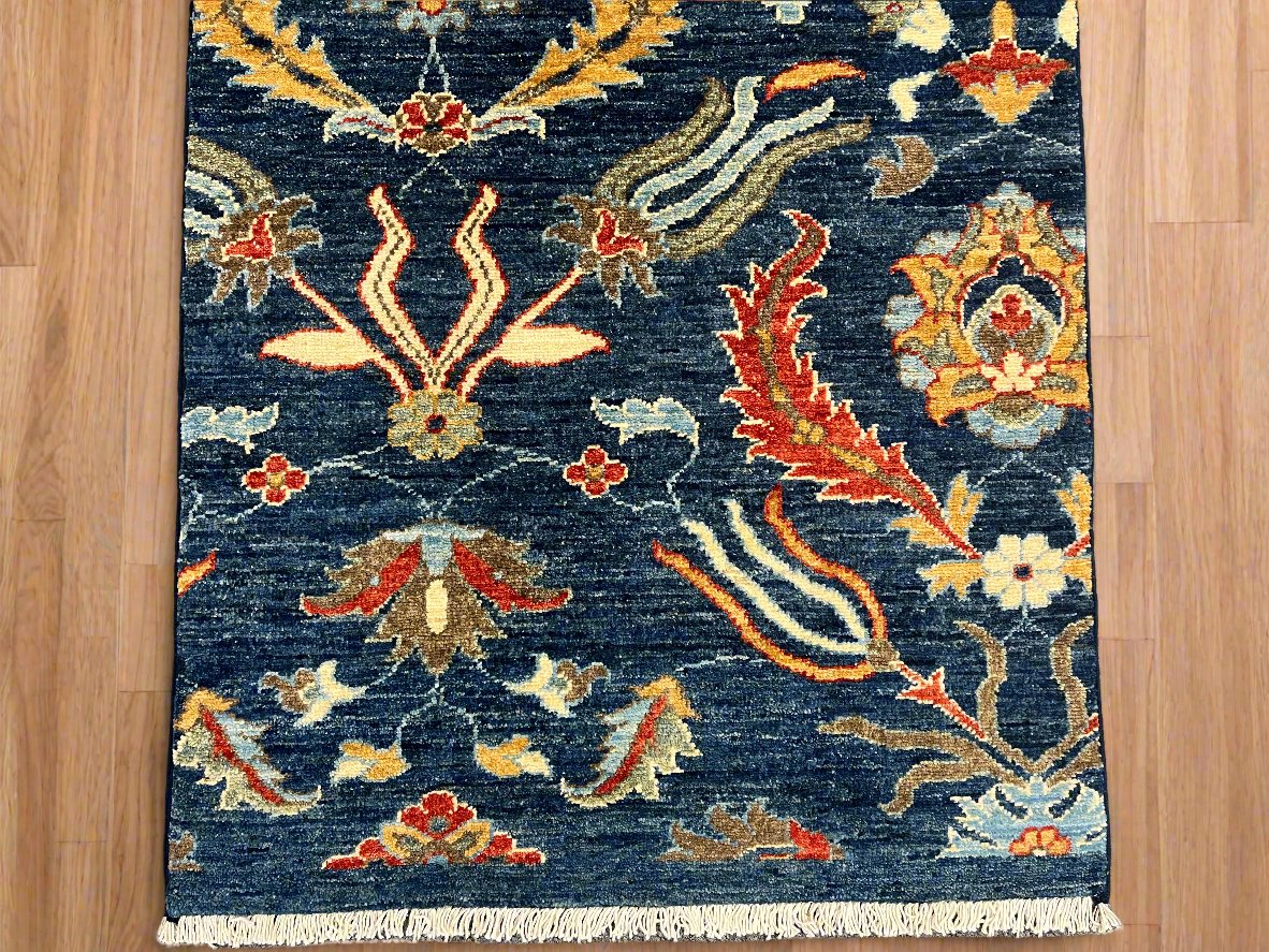 Navy floral 2' 6"X13 Handmade Wool Runner Rug # 11367